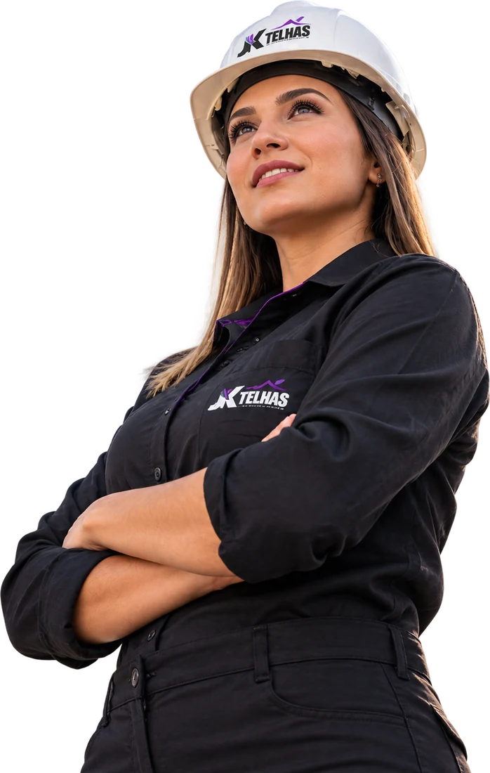 Colaboradora da JK Telhas de uniforme e capacete